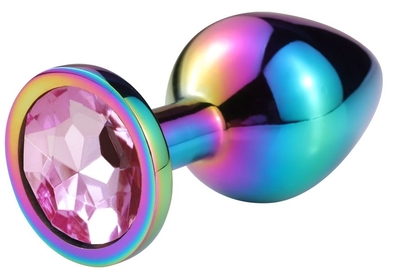 Разноцветная гладкая анальная пробка с нежно-розовым кристаллом - 9,5 см. - фото, цены