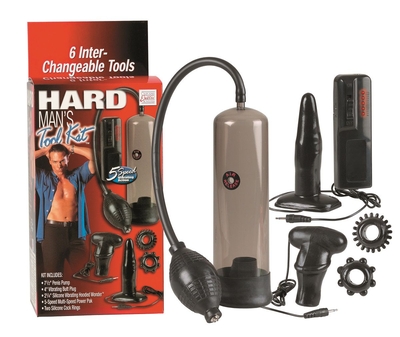 Набор для мужчин Hard Mans Tool Kit: вакуумная помпа, анальная пробка, эрекционные кольца и виброяичко - фото, цены