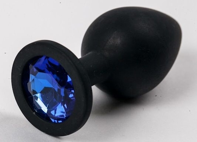 Черная силиконовая анальная пробка с синим стразом - 8,2 см. - фото, цены
