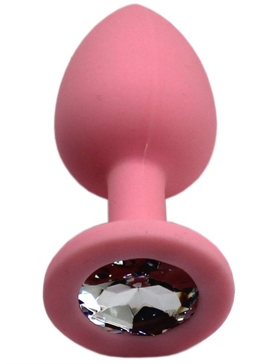 Розовая анальная пробка с прозрачным кристаллом - 7,4 см. - фото, цены