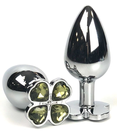 Серебристая анальная втулка с клевером из салатовых кристаллов - 6,5 см. - фото, цены