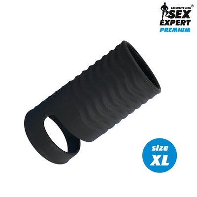 Черная открытая насадка на пенис с кольцом для мошонки XL-size - 8,9 см. - фото, цены