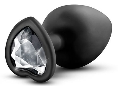 Черная анальная пробка с прозрачным стразом-сердечком Bling Plug Large - 9,5 см. - фото, цены