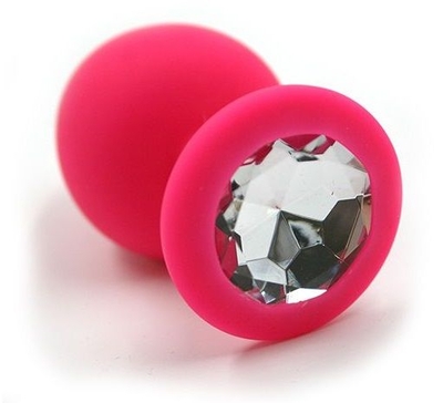 Розовая силиконовая анальная пробка с прозрачным кристаллом - 7 см. - фото, цены