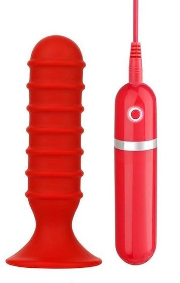 Красный анальный вибратор с рёбрышками - 13 см. - фото, цены