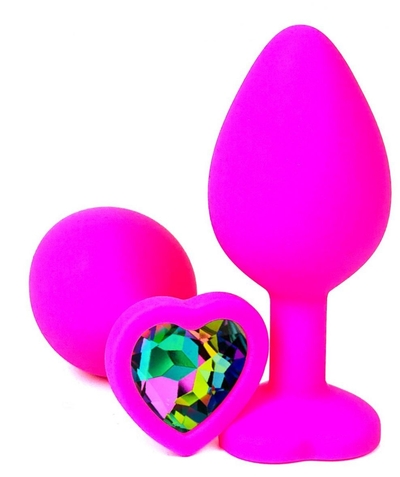 Розовая силиконовая пробка с разноцветным кристаллом-сердечком - 7 см. - фото, цены