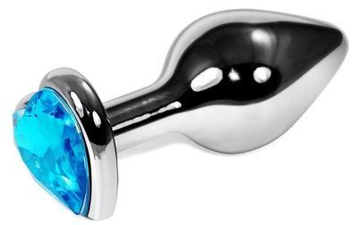 Серебристая анальная пробка с голубым кристаллом-сердечком - 9 см. - фото, цены