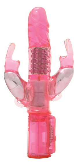 Розовый вибратор с вращающимися шариками и двумя отростками-зайцами - 25 см. - фото, цены