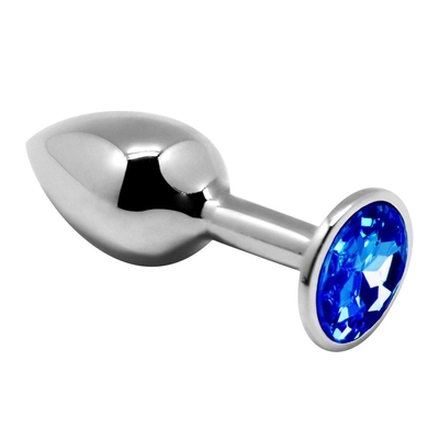 Серебристая анальная втулка с синим кристаллом Mini Metal Butt Plug Size S - 7 см. - фото, цены