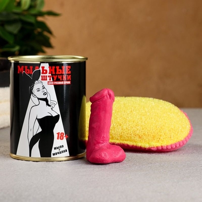 Набор в консервной банке «Мыльные штучки для грязной сучки»: мыло и мочалка - фото, цены