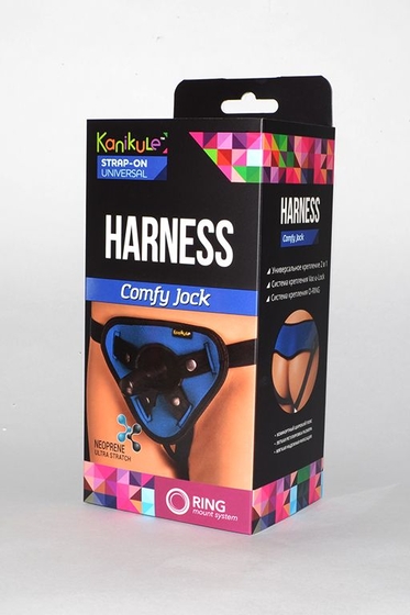 Сине-чёрные трусики-джоки Kanikule Strap-on Harness universal Comfy Jock с плугом и кольцами - фото, цены