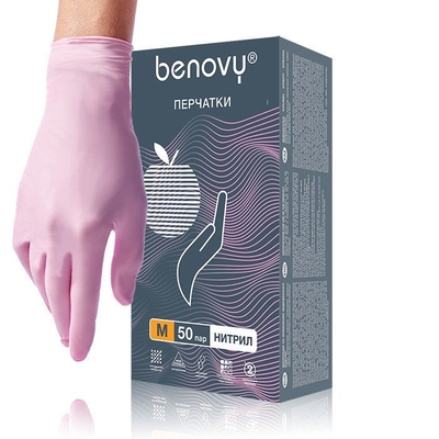 Розовые нитриловые перчатки Benovy размера M - 100 шт.(50 пар) - фото, цены