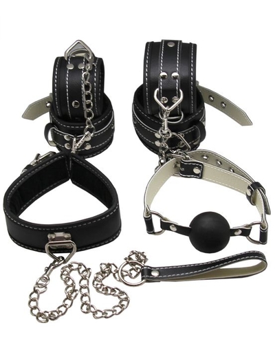 Пикантный БДСМ-набор на мягкой подкладке: наручники, поножи, ошейник с поводком, кляп - фото, цены