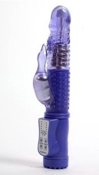 Синий вибратор с ротацией и клиторальным стимулятором - 22,5 см. - фото, цены