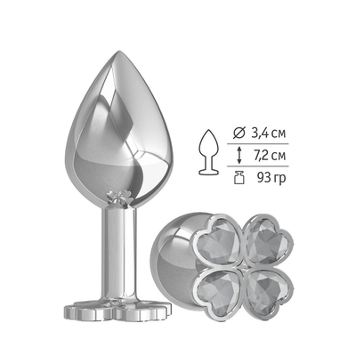 Средняя серебристая анальная втулка с клевером из прозрачных кристаллов - 8,5 см. - фото, цены