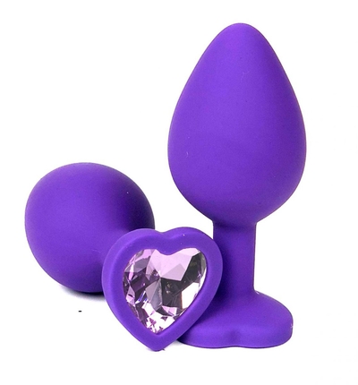 Фиолетовая силиконовая анальная пробка с сиреневым стразом-сердцем - 8 см. - фото, цены
