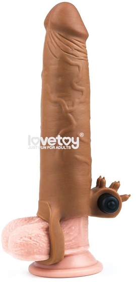 Коричневая вибронасадка-удлинитель на пенис Add 3 Pleasure X Tender Vibrating Penis Sleeve - 19,5 см. - фото, цены