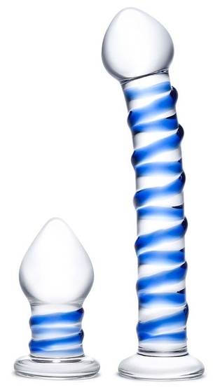 Набор из 2 стеклянных игрушек с синей спиралью Swirly Dildo Buttplug Set - фото, цены