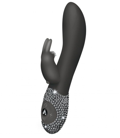 Чёрный вибромассажёр с клиторальным отростком и отделанной стразами рукоятью The Classic Rabbit - 22 см. - фото, цены
