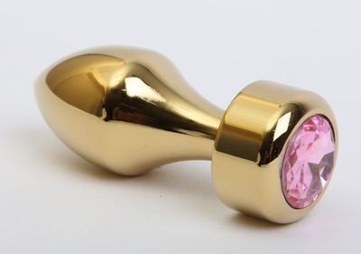 Золотистая анальная пробка с широким основанием и розовым кристаллом - 7,8 см. - фото, цены