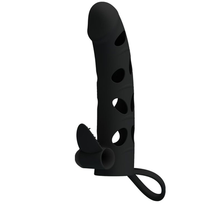 Чёрная закрытая насадка на пенис с вибрацией - 15,2 см. - фото, цены
