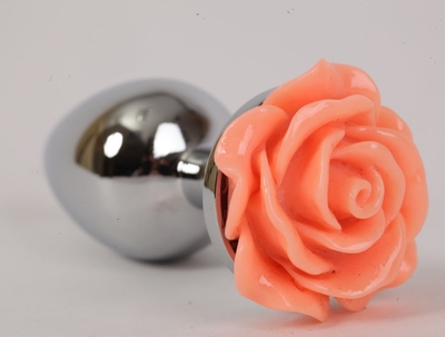 Серебристая анальная пробка с оранжевой розой - 7,6 см. - фото, цены