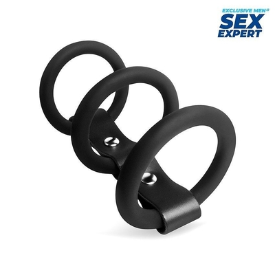 Черное тройное эрекционное кольцо с ремешком - фото, цены