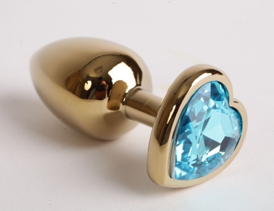 Золотистая анальная пробка среднего размера с голубым стразиком-сердечком - 8 см. - фото, цены