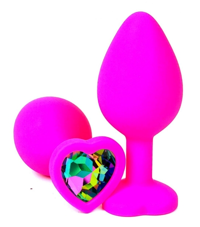 Розовая силиконовая пробка с разноцветным кристаллом-сердечком - 9,5 см. - фото, цены