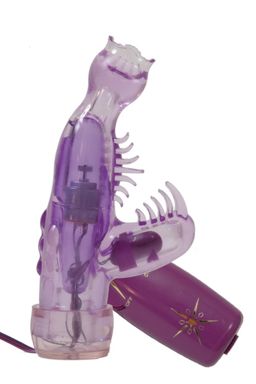 Фиолетовый мини-вибратор со стимулятором клитора - 13 см. - фото, цены