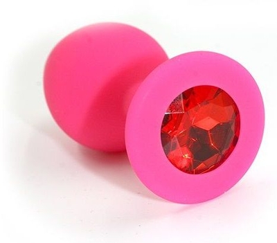 Розовая силиконовая анальная пробка с красным кристаллом - 7 см. - фото, цены
