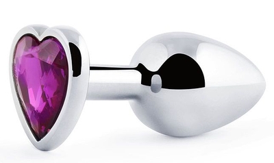 Серебристая анальная пробка с фиолетовым кристаллом-сердечком - 8 см. - фото, цены