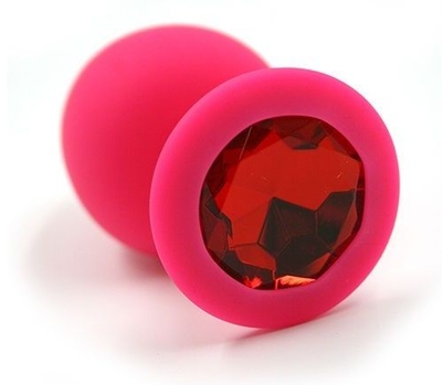 Розовая силиконовая анальная пробка с красным кристаллом - 8,3 см. - фото, цены