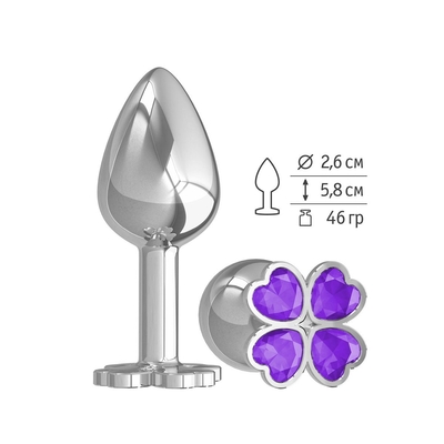 Серебристая анальная втулка с клевером из фиолетовых кристаллов - 7 см. - фото, цены