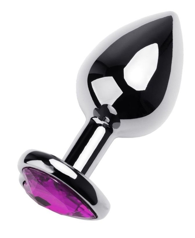 Серебристая анальная втулка с фиолетовым стразом-сердцем - 8 см. - фото, цены