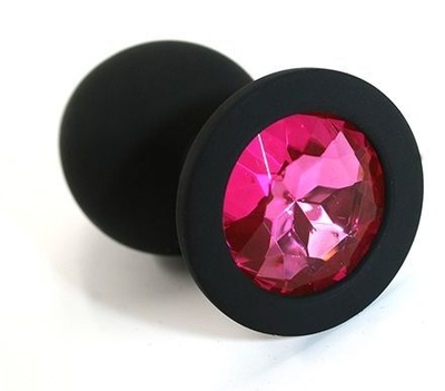 Чёрная силиконовая анальная пробка с ярко-розовым кристаллом - 7 см. - фото, цены