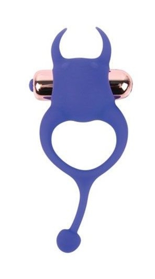 Синее эрекционное виброкольцо с рожками и хвостиком - фото, цены