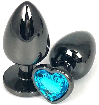 Черная металлическая анальная пробка с голубым стразом-сердечком - 9 см. - фото, цены