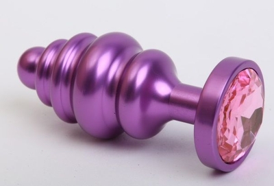 Фиолетовая ребристая анальная пробка с розовым кристаллом - 7,3 см. - фото, цены