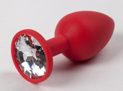 Красная силиконовая анальная пробка с прозрачным стразом - 7,1 см. - фото, цены