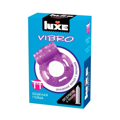 Фиолетовое эрекционное виброкольцо Luxe Vibro Бешеная гейша + презерватив - фото, цены
