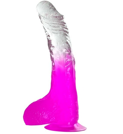 Фиолетовый фаллоимитатор с мошонкой, присоской и прозрачным стволом - 20 см. - фото, цены