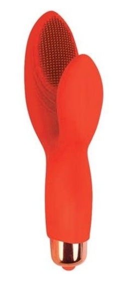 Красный силиконовый вибромассажер с округлым клиторальным отростком - фото, цены