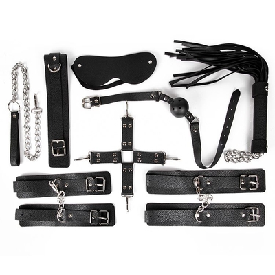 Большой черный набор бдсм: наручники, оковы, ошейник с поводком, кляп, маска, плеть, фиксатор - фото, цены