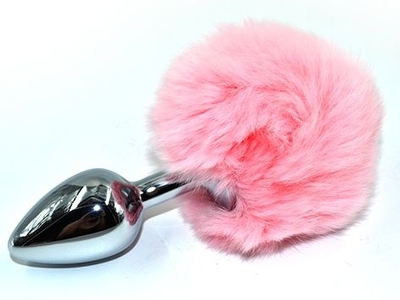 Серебристая округлая анальная пробка с заячьим хвостиком розового цвета - 11,5 см. - фото, цены