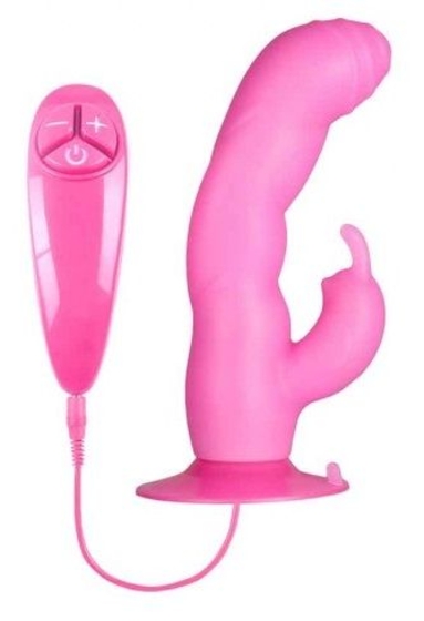Розовый вибратор с клиторальным стимулятором Bunny Icy - 18 см. - фото, цены