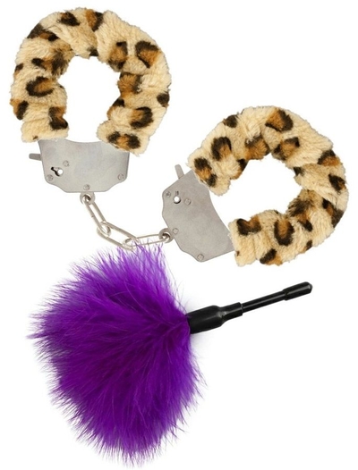 Эротический набор: леопардовые наручники и фиолетовая пуховка - фото, цены