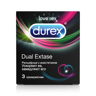 Рельефные презервативы с анестетиком Durex Dual Extase - 3 шт. - фото, цены