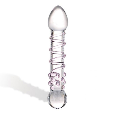 Прозрачный стеклянный фаллос с розовой спиралькой и массажными пупырышками - 18 см. - фото, цены
