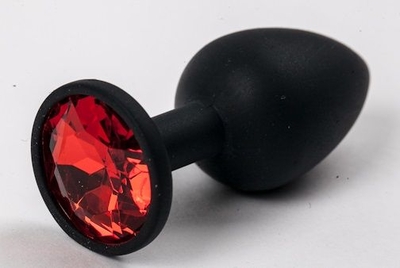 Черная силиконовая анальная пробка с красным стразом - 7,1 см. - фото, цены